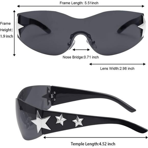 Y2K Rimless Shield Sunglasses Star Wrap Around UV400 Glasses for Women Men - Picture 5 of 7